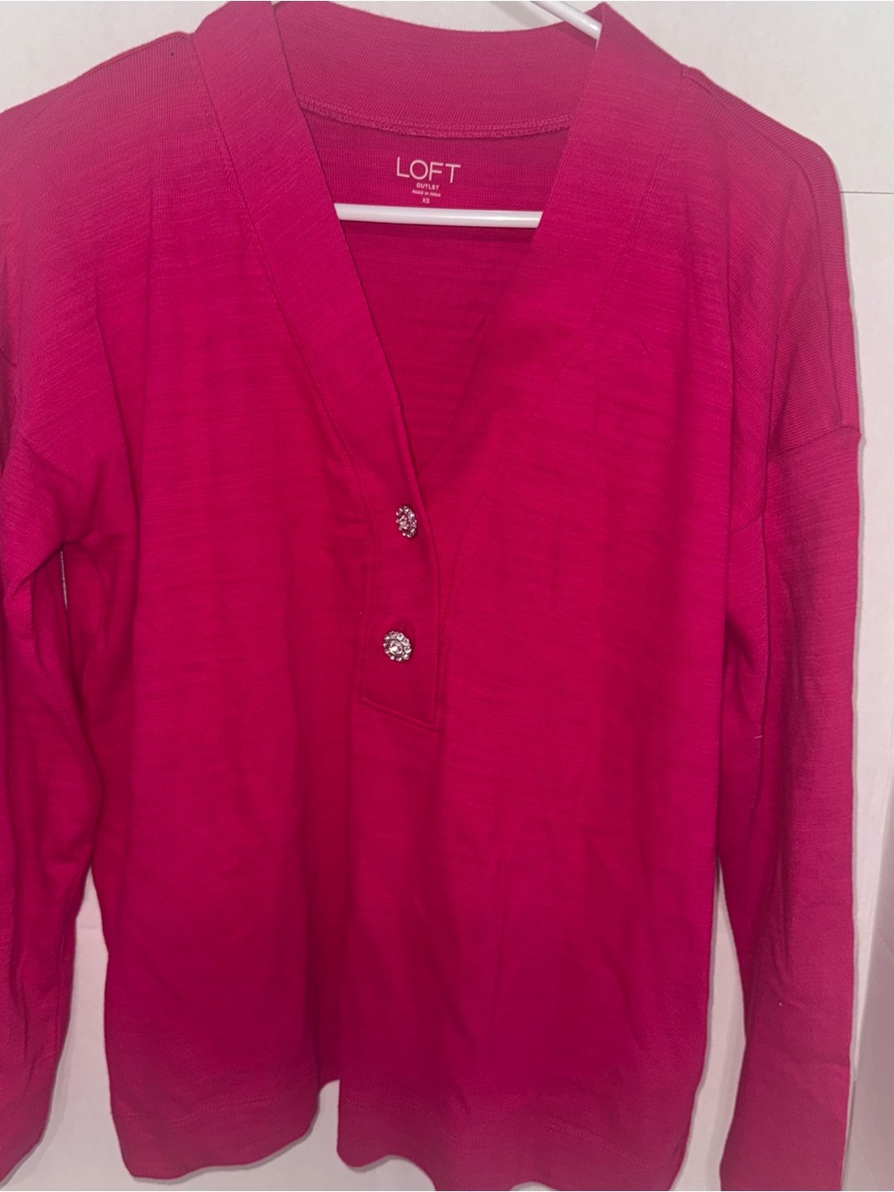 LOFT Hot Pink V-Neck Knit Top with Decorative Gem Buttons